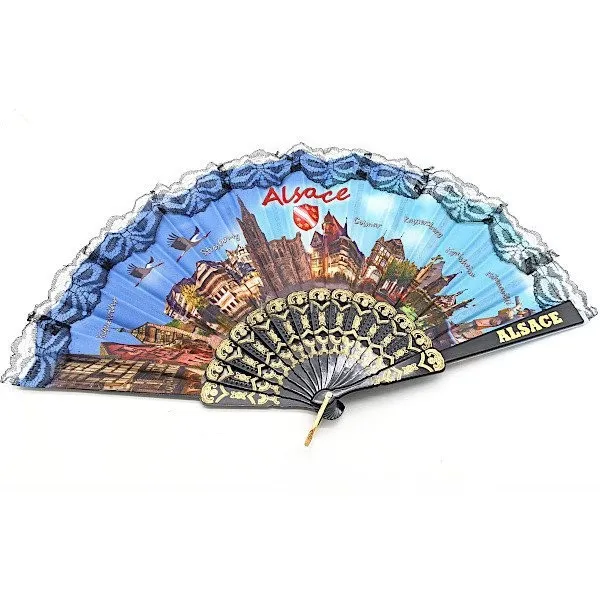 Folding fan decorated with Cities of Alsace, Stork and Villages in fabrics and lace