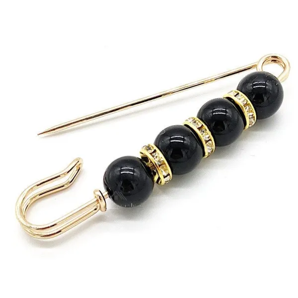 Broche Épingle à Nourrice Fantaisie dorée Perles Noires sertie de Strass
