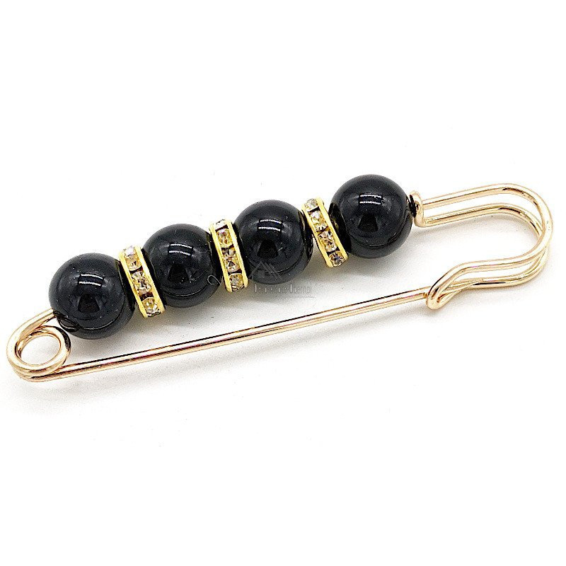 Broche Épingle à Nourrice Fantaisie dorée Perles Noires sertie de Strass