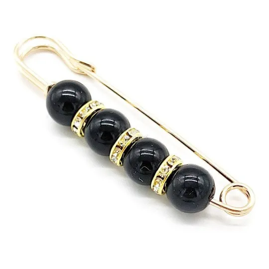 Broche VeiligheidsSpeld Fantasie goudkleurig Zwarte Parels bezet met Strass