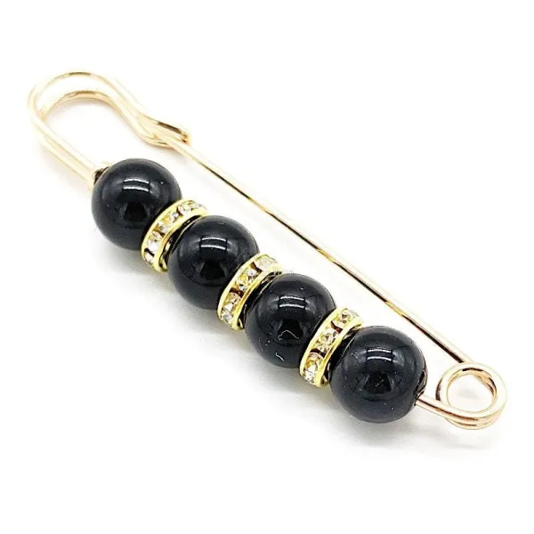 Broche Épingle à Nourrice Fantaisie dorée Perles Noires sertie de Strass