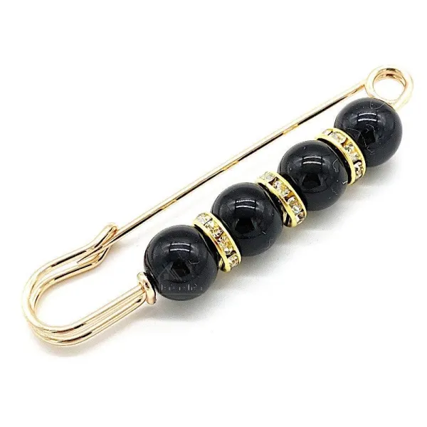 Golden Fancy Safety Pin Brooch Black Pearls set with Rhinestones