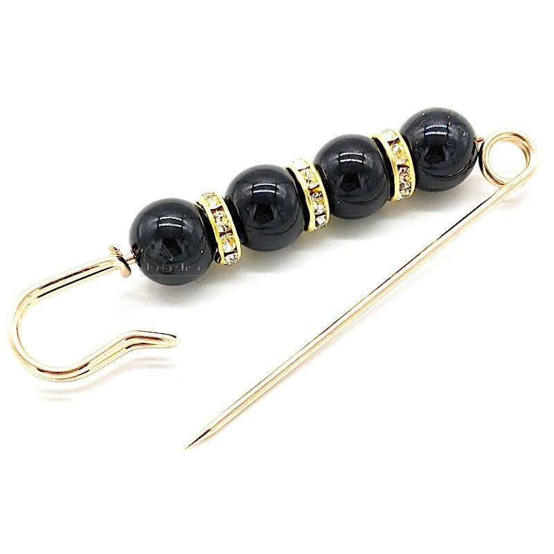 Broche Épingle à Nourrice Fantaisie dorée Perles Noires sertie de Strass