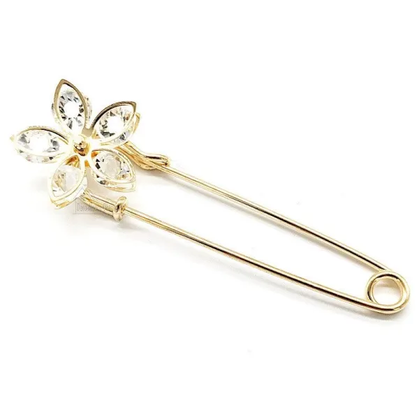 Large Golden Fancy Safety Pin Brooch Flower Head set with Rhinestones