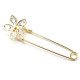 Large Golden Fancy Safety Pin Brooch Flower Head set with Rhinestones