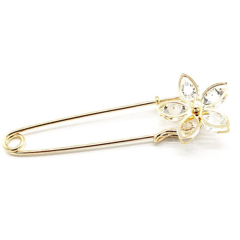 Large Golden Fancy Safety Pin Brooch Flower Head set with Rhinestones