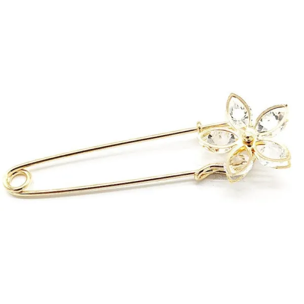 Grande Broche Épingle à Nourrice Fantaisie dorée tête de Fleurs sertie de Strass