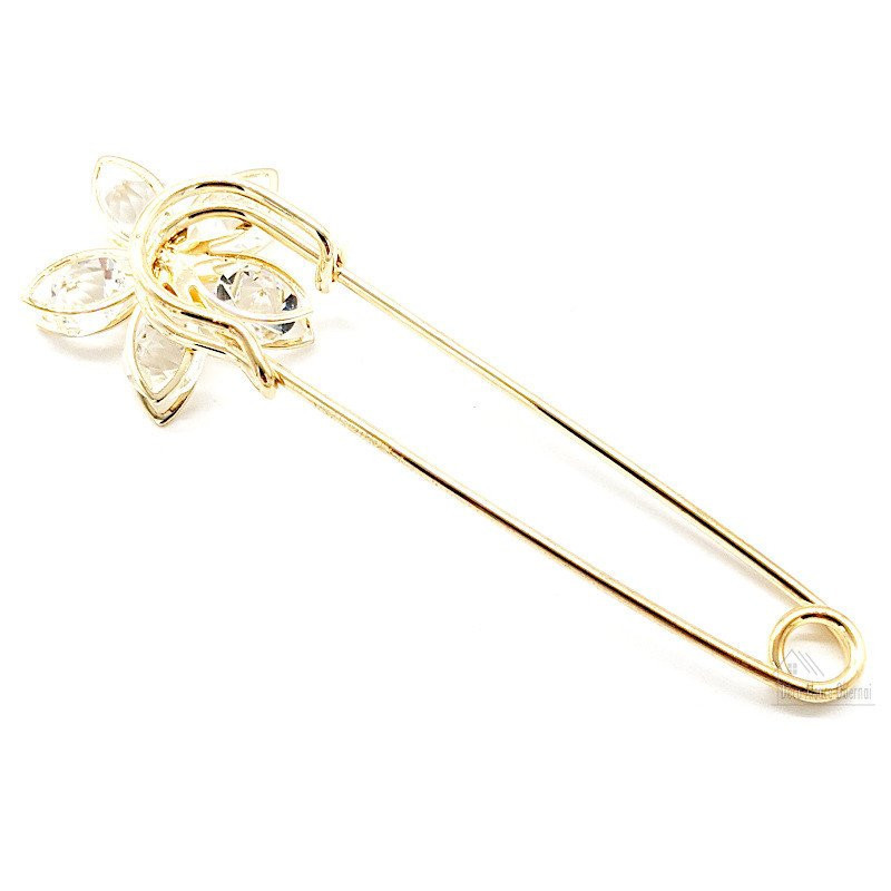 Large Golden Fancy Safety Pin Brooch Flower Head set with Rhinestones