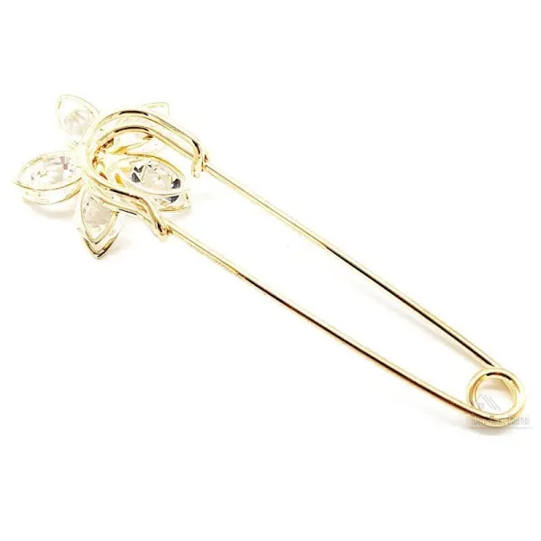 Grande Broche Épingle à Nourrice Fantaisie dorée tête de Fleurs sertie de Strass