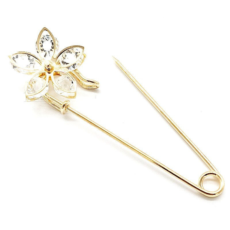 Large Golden Fancy Safety Pin Brooch Flower Head set with Rhinestones