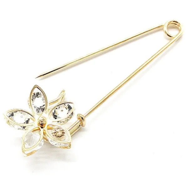 Large Golden Fancy Safety Pin Brooch Flower Head set with Rhinestones