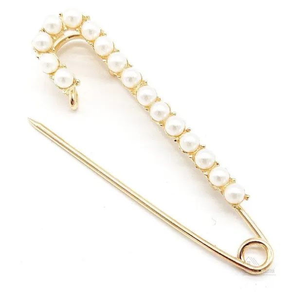 Large Golden Safety Pin Brooch with Fancy Pearls