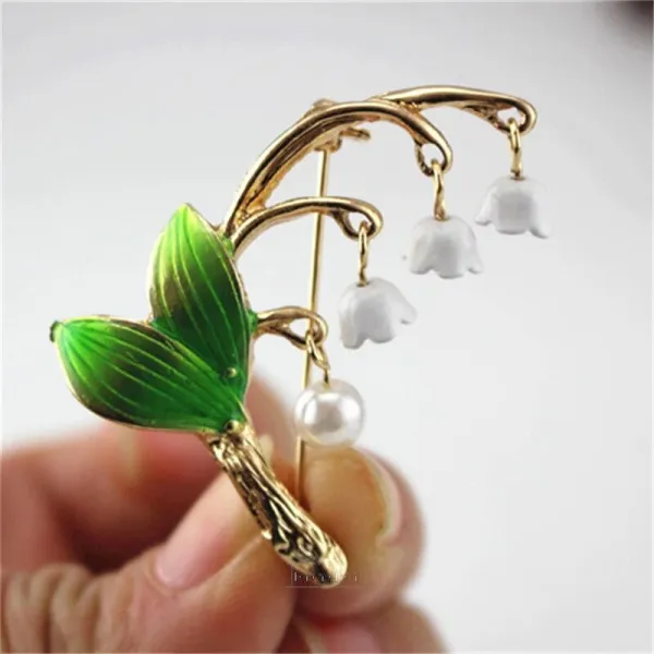 Golden Fancy Brooch Brin de Muguet with Pearl and Bells