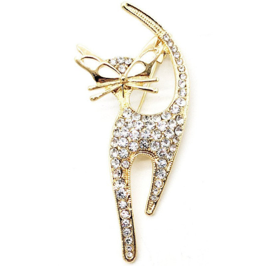 Fancy golden brooch in the shape of a cat set with white rhinestones