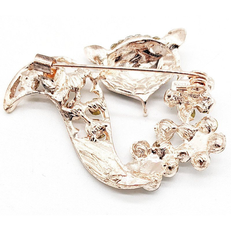 Golden brooch fancy fox shape set with rhinestones