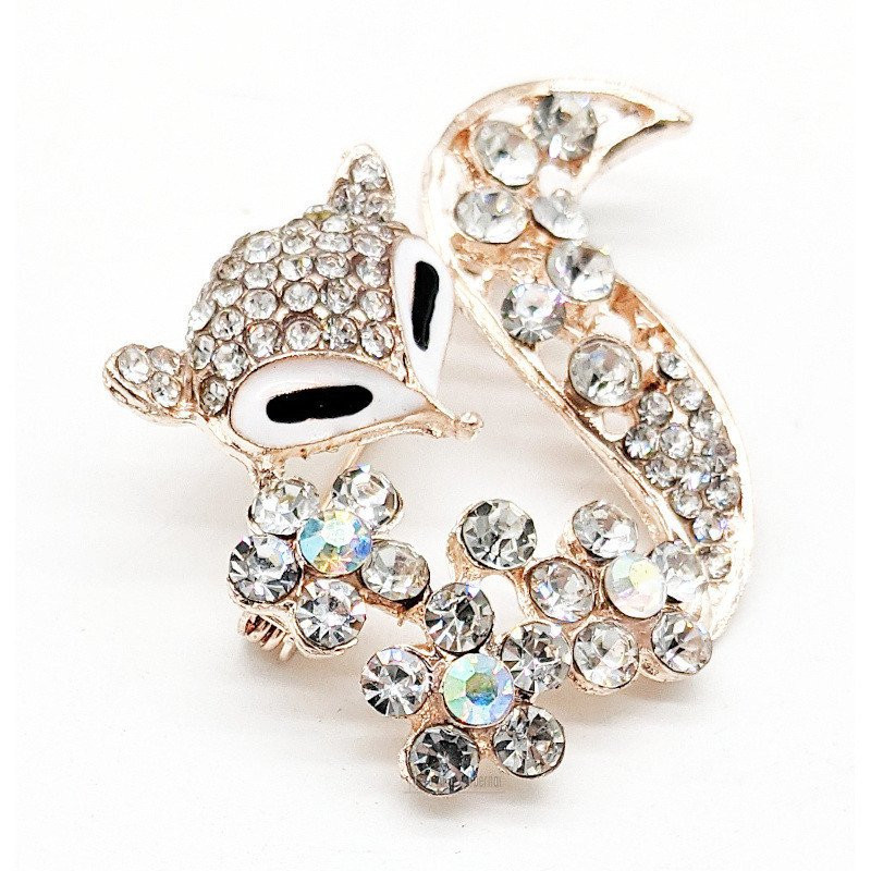 Golden brooch fancy fox shape set with rhinestones
