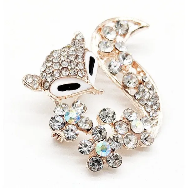 Golden brooch fancy fox shape set with rhinestones