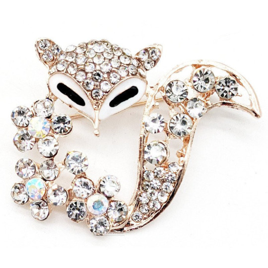Golden brooch fancy fox shape set with rhinestones