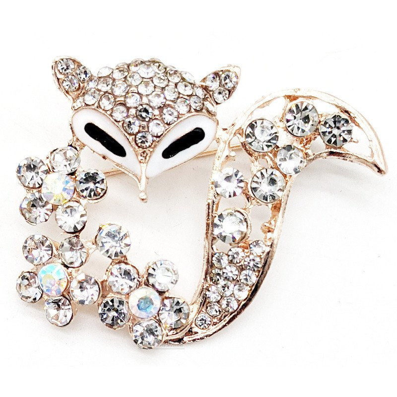 Golden brooch fancy fox shape set with rhinestones