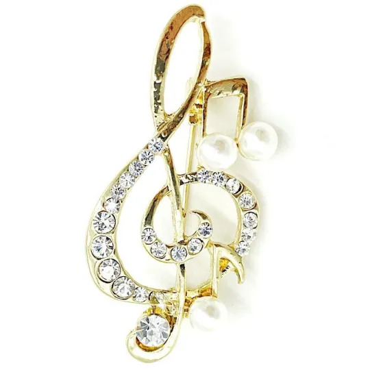 Broche dorée Fantaisie Clef de Sol avec Strass