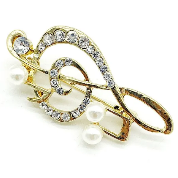 Broche dorée Fantaisie Clef de Sol avec Strass