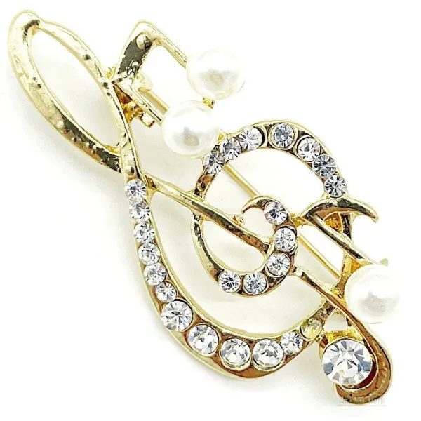 Broche dorée Fantaisie Clef de Sol avec Strass