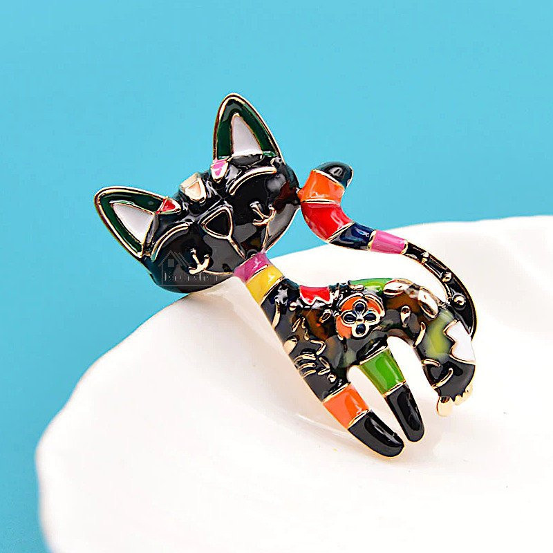 Broche dorée Fantaisie forme de Chat Noir en Couleur