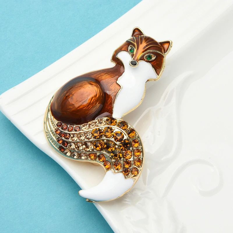 Fancy Brown Fox Gold Brooch set with Rhinestones