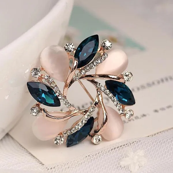Fancy Gold Brooch Opal Flower shape set with Rhinestone