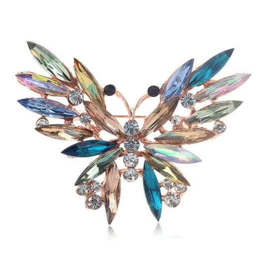 Broche dorée Fantaisie forme de Papillon en vol sertie de Strass