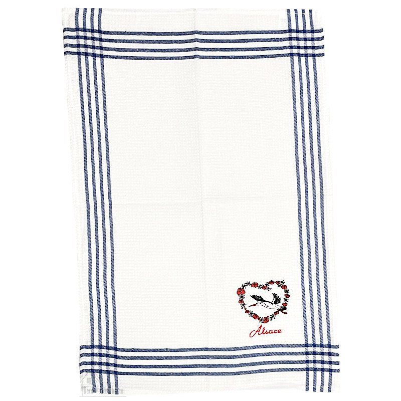 Torchon de Cuisine Nid d'Abeille brodé bleu Coeur de Cigogne