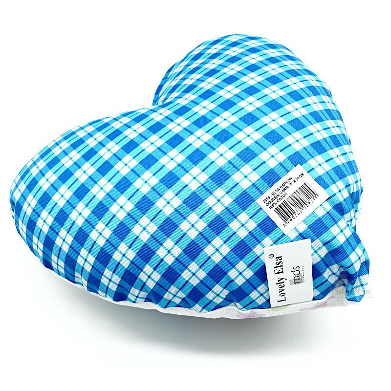 Coussin Coeur 28 cm Lovely Elsa rembourré Vichy bleu