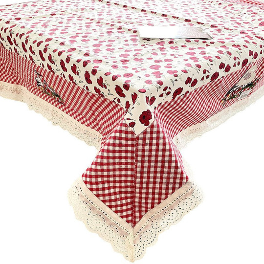 Nappe carrée 90 cm x 90 cm décors Coquelicots Vichy et Cigognes