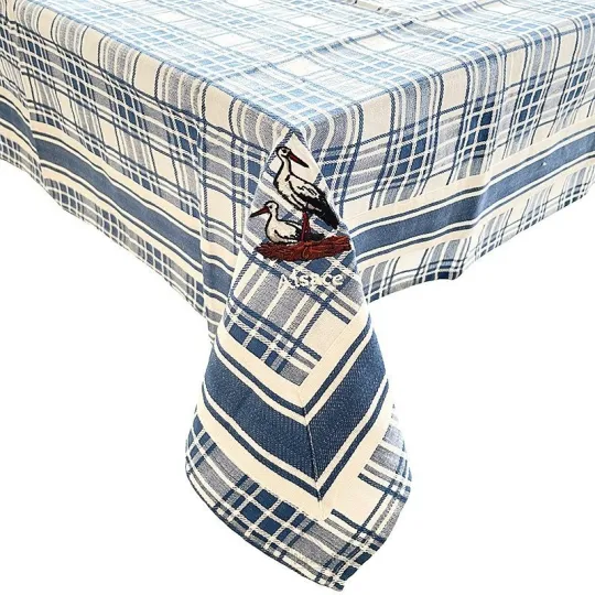 Nappe carrée 90 cm x 90 cm Carreau blanc et bleu brodé Cigognes