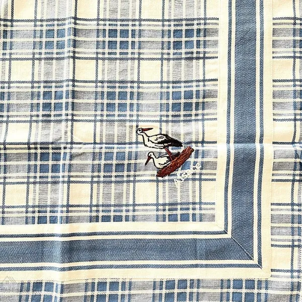 Square tablecloth 90 cm x 90 cm white tile and blue embroidered storks