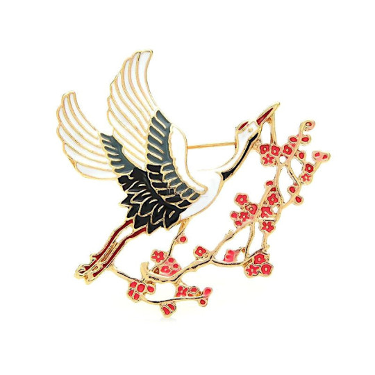 Broche dorée Fantaisie Cigogne en Vol peinture émaillée