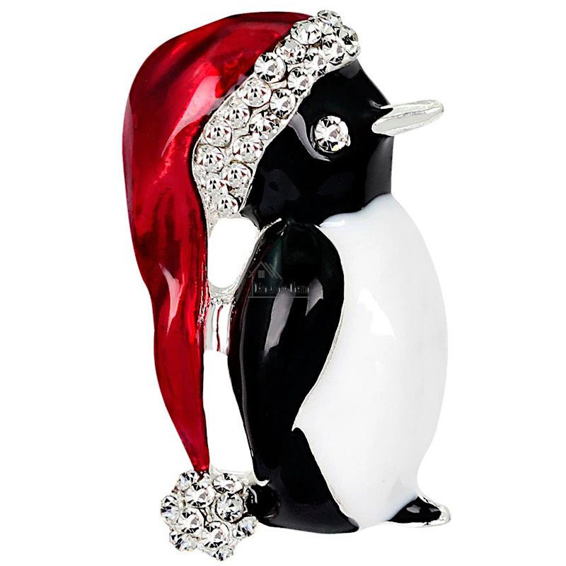 Fantastische goldene Brosche Pinguin-rote Mütze mit Strasssteinen