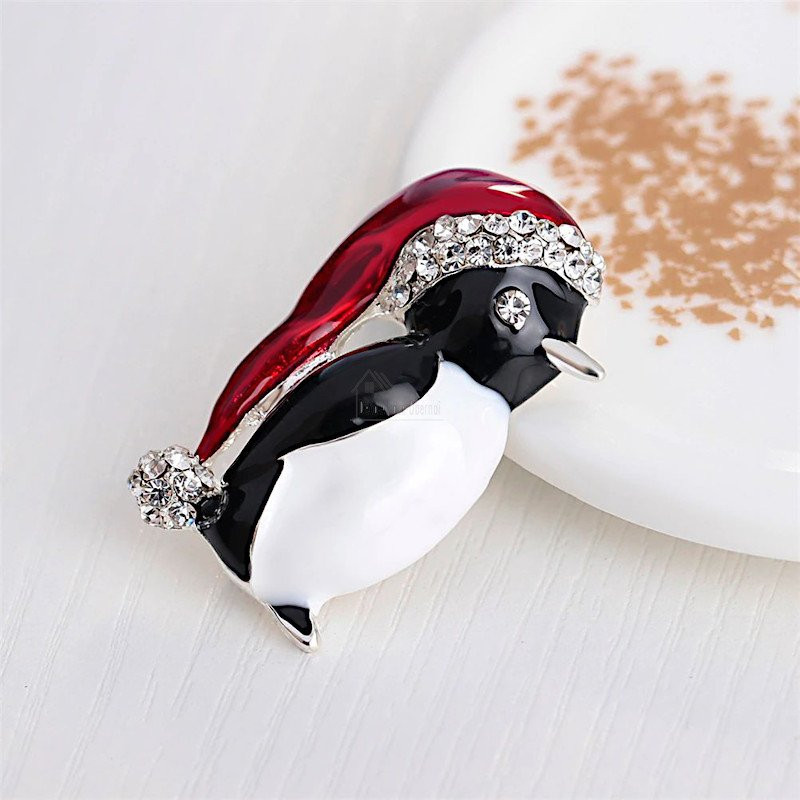 Fantastische goldene Brosche Pinguin-rote Mütze mit Strasssteinen