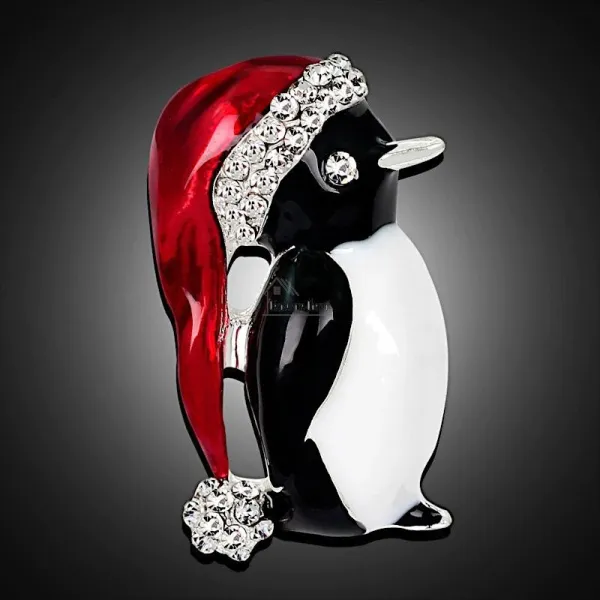 Fantastische goldene Brosche Pinguin-rote Mütze mit Strasssteinen