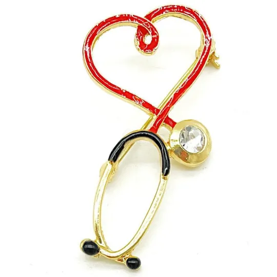 Golden Brooch Fancy Stethoscope with Doctor Heart set with Rhinestones