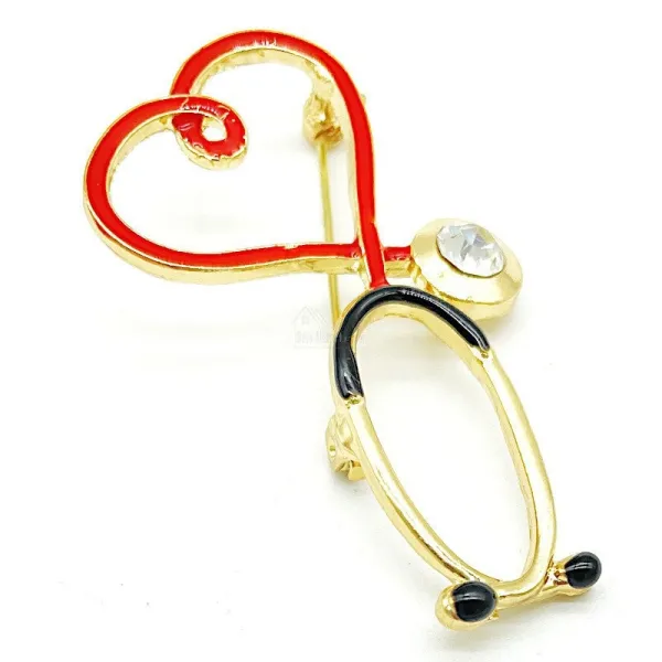Fantasie Goldene Stethoskop-Brosche mit Herz-Doktorset mit Strasssteinen