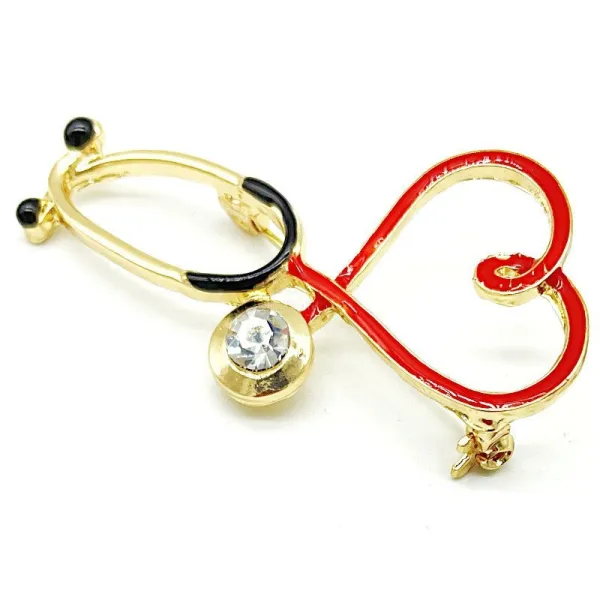 Golden Brooch Fancy Stethoscope with Doctor Heart set with Rhinestones
