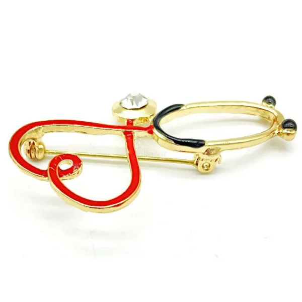 Golden Brooch Fancy Stethoscope with Doctor Heart set with Rhinestones