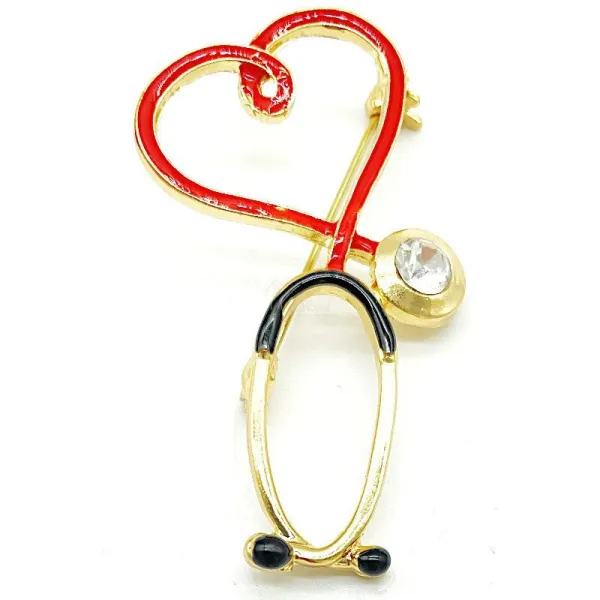 Golden Brooch Fancy Stethoscope with Doctor Heart set with Rhinestones