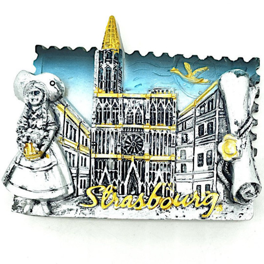 Magnet Décoratif Argenté Alsacienne et Cathédrale de Strasbourg