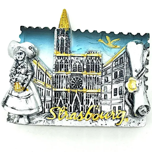 Magnet Décoratif Argenté Alsacienne et Cathédrale de Strasbourg
