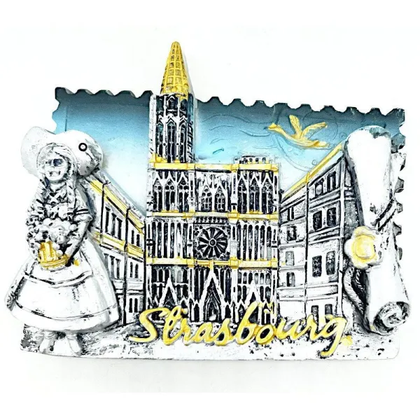 Magnet Décoratif Argenté Alsacienne et Cathédrale de Strasbourg