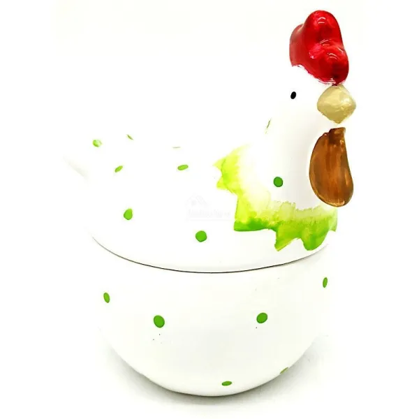 Ceramic Chicken Bonbonnière with green polka dots
