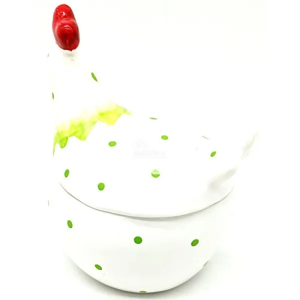 Ceramic Chicken Bonbonnière with green polka dots