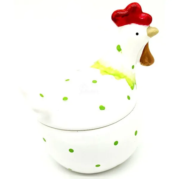Ceramic Chicken Bonbonnière with green polka dots